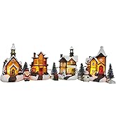 QPURP 11 PCS Christmas Village Sets,Lighted Christmas Village Houses Figurines Xmas Theme Gift, Home Decoration, and Collectibles