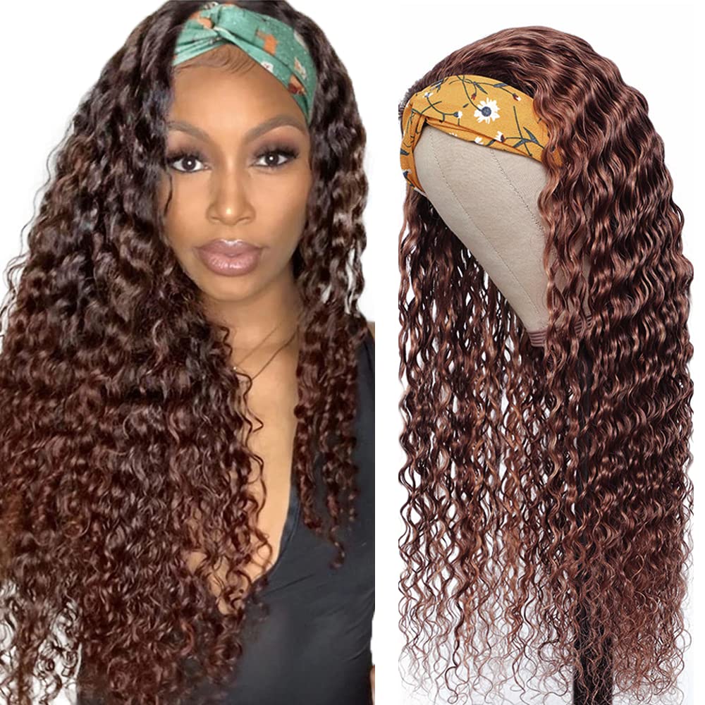 Photo 1 of 30 Inch Chocolate Brown Headband Wig Human Hair 150% Density Brazilian Virgin Hair Water Wave Wig None Lace Front Machine Made Wig #4 Brown Glueless Wig Human Hair