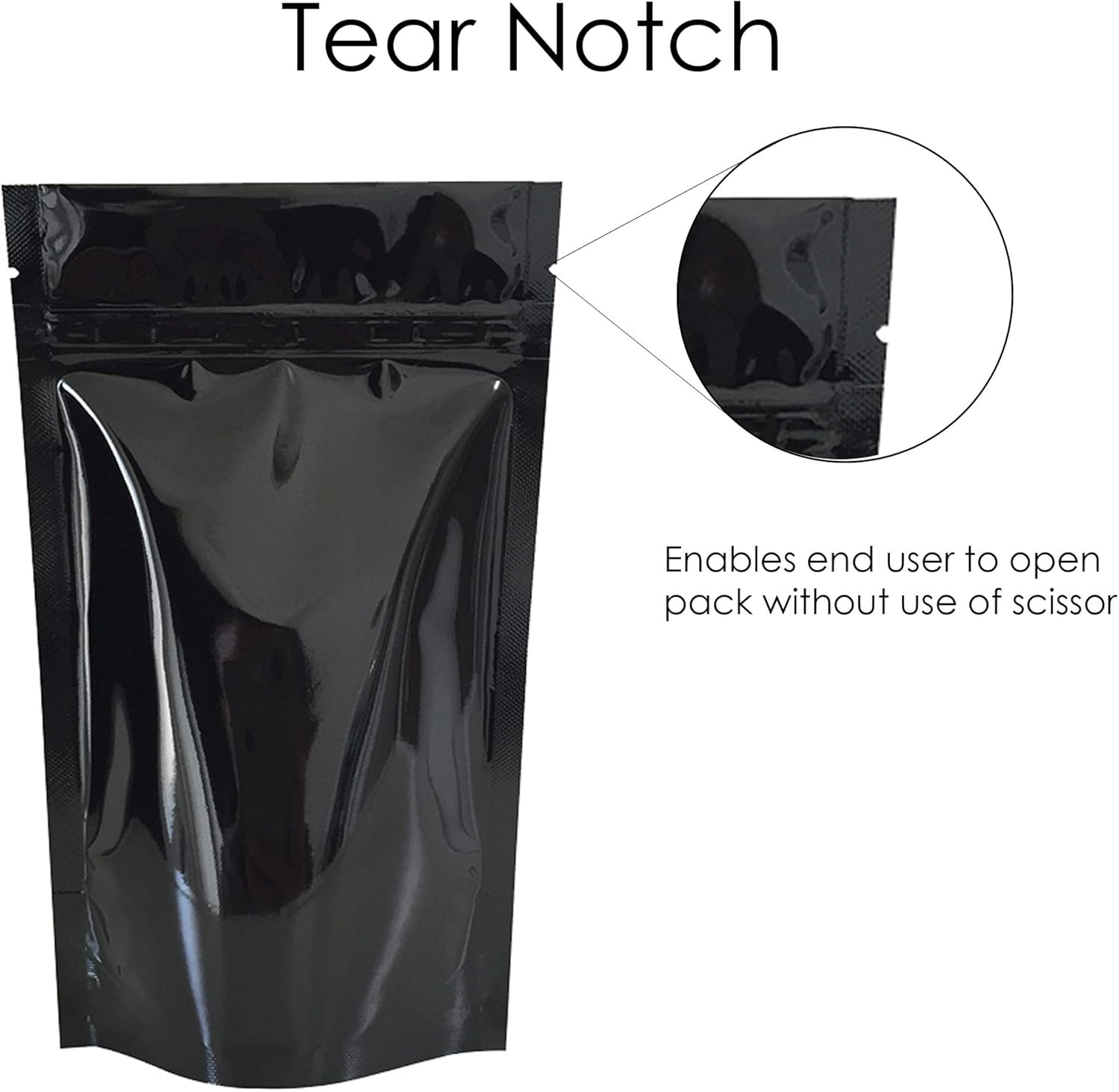 Rightpak Stand Up Pouches 25 Pieces 11cm x 17cm, Black Shiny Heat Sealable Tear Notches Smell Proof for Food Storage With Ziplock - Image 4