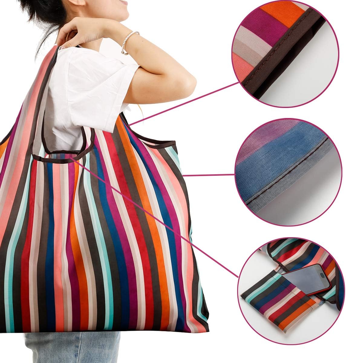 JISEN Reusable Grocery Bags 2 Packs Large Nylon Washable Foldable Eco Friendly Heavy Duty Shopping Tote Bag Fits in Pocket New Rainbow - Image 5