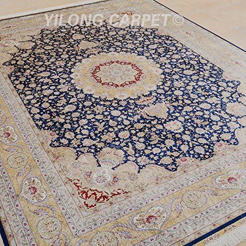Yilong 9'x12' Large Handmade Silk Rug Vintage Oriental Tabriz Persian Medallion Design Handwoven Home Carpet (9 Feet by 12 Feet, Beige and Navy) YL0327
