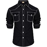 UpFind Men's Western Cowboy Shirt Long Sleeve Cotton Slim Fit Casual Button Down Shirts with Pockets