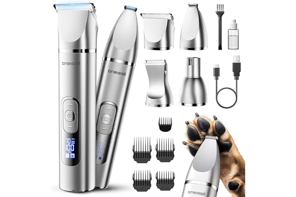 oneisall 4 in 1 Dog Grooming Kit with LCD Display, Dog Hair Trimmer for Paw Nail Grinder, Rechargeable Cordless Low Noise IPX