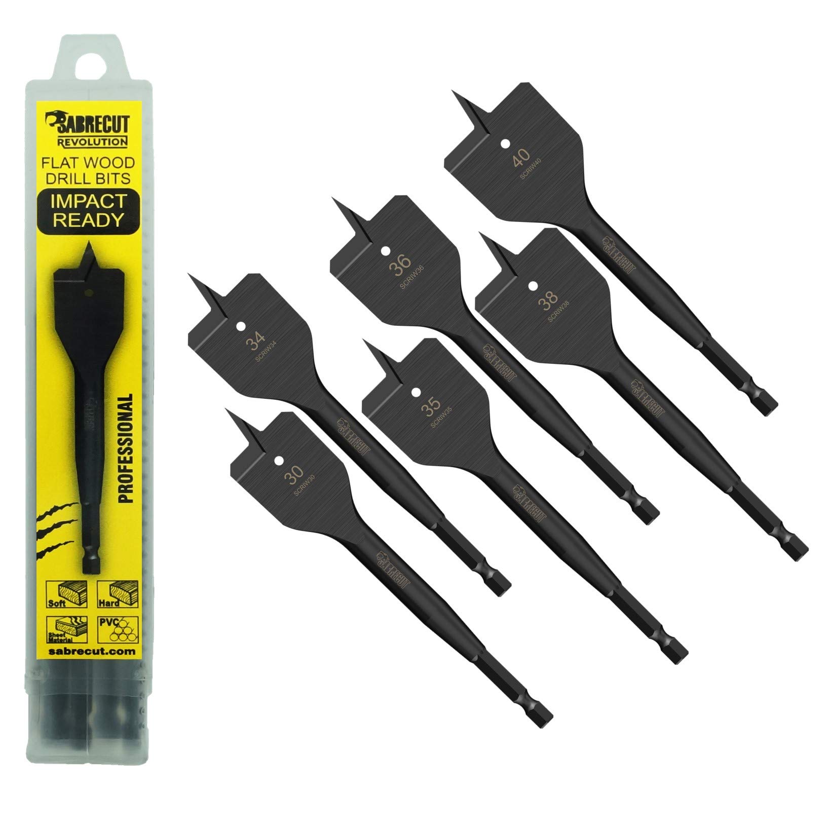 6 x SabreCut SCRIWK6 30mm 34mm 35mm 36mm 38mm 40mm x 152mm Impact Rated Flat Wood Spade Bits for Softwood Hardwood Chipboard