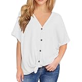 MIHOLL Womens Loose Blouse Short Sleeve V Neck Button Down T Shirts Tie