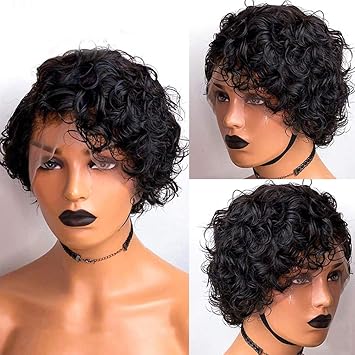 Amazon Com Short Curly Bob Wig Pixie Lace Front Human Hair Curly Wigs With Bangs Brazilian Remy Curly Wavy Bob Full Lace Wig Pre Plucked For Black Women 130 Density 8 Inch