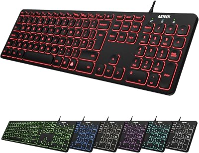 Arteck USB Wired Backlit Keyboard 7 Colors Full Size with Numeric Keypad