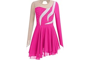 IBAKOM Ice Skating Dress for Women Long Sleeve Figure Skating Costume Rhythmic Gymnastics Leotard Sparkly Chiffon Skirt