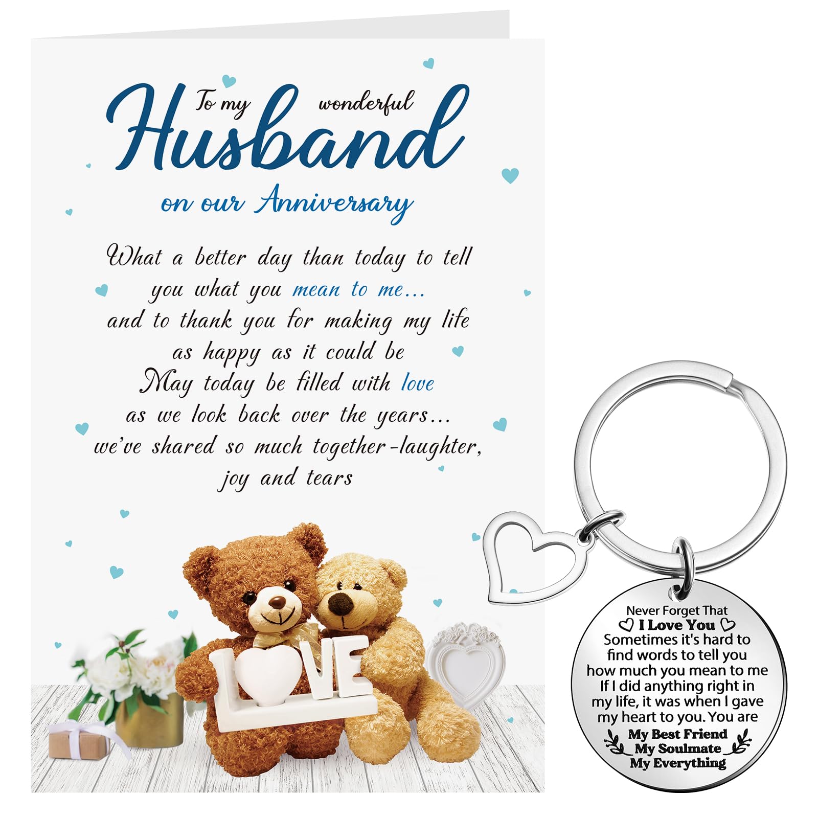 Sinmoe Husband Anniversary Card Bear Gifts Husband Keyring from Wife Never Forget That I Love You Keychain Soulmate Greeting Card for Him White Envelope for Anniversary