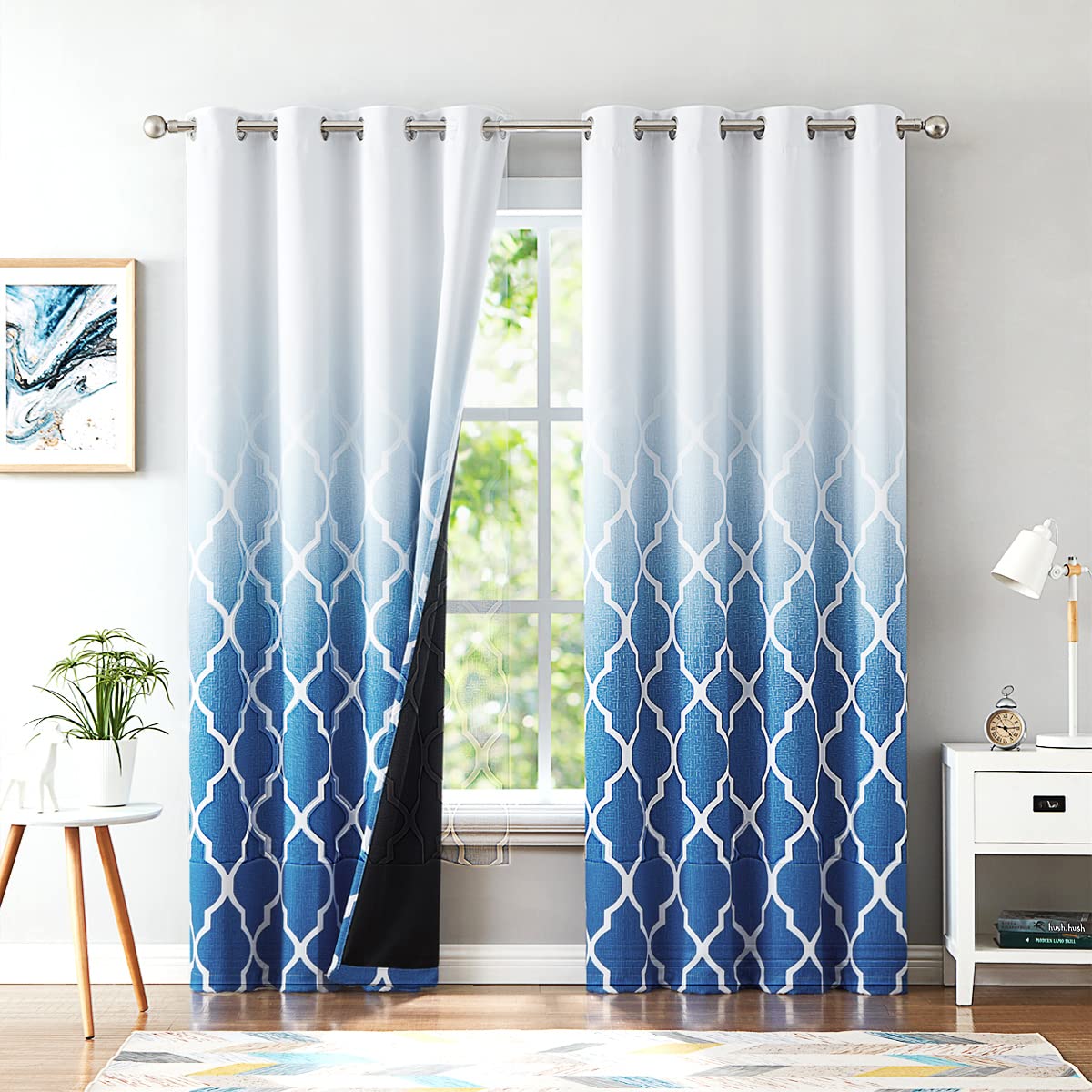 Beauoop Blackout Curtains for Living Room Blue Ombre Curtains 90 Inch Drop Geometric Print Eyelet Curtain for Bedroom Room Darkening Thermal Insulated Window Curtain Drapes 2 Panel