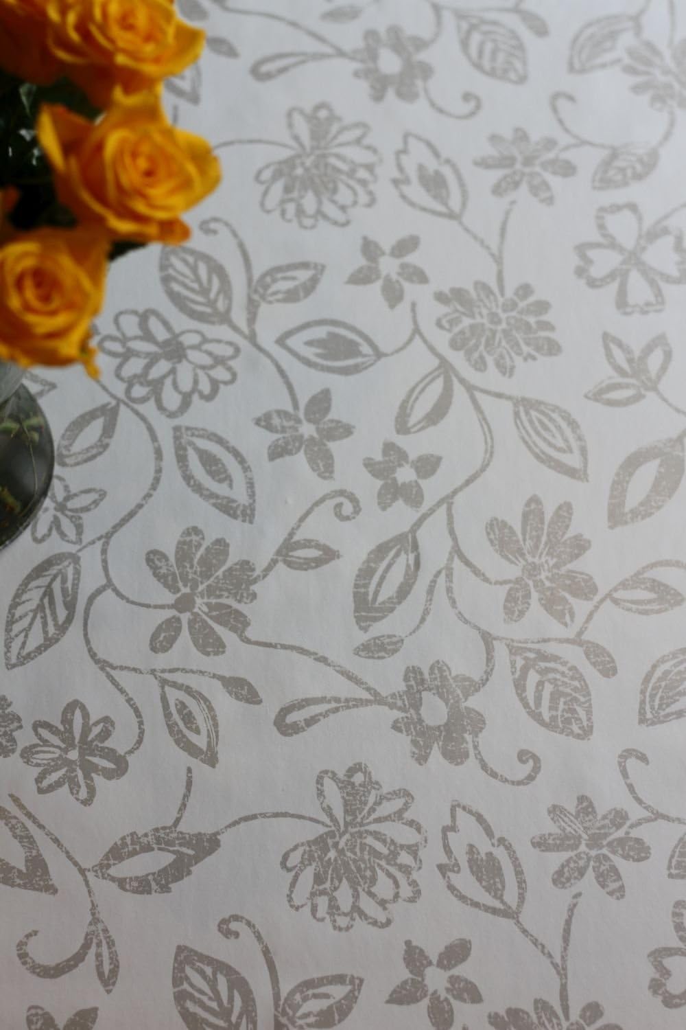 Silver Flowers, White Wipe Clean Tablecloth, Oilcloth,Vinyl,PVC,140x200cm!