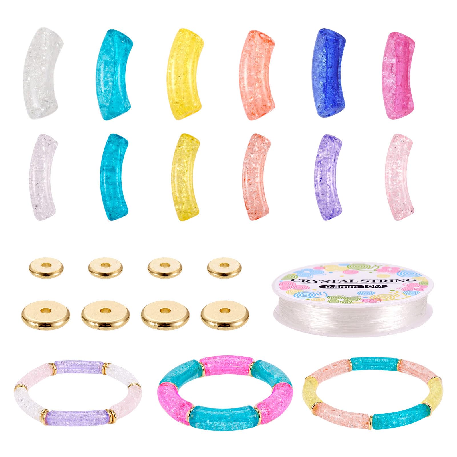 Craftdady 160Pcs Chunky Curved Tube Beads Stretch Bracelet Making Kit Acrylic Noodle Bamboo Bead Golden Flat Round Spacer Bead for Jewellery Making