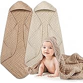 Hooded Baby Bath Towels for Newborn, 2 Pack - 6-Layer 100% Muslin Cotton, Soft Absorbent Hooded Towel with Hood for Babies, Infants & Toddlers, Large 32x32 Inch Unisex Newborn Baby Bath Essentials