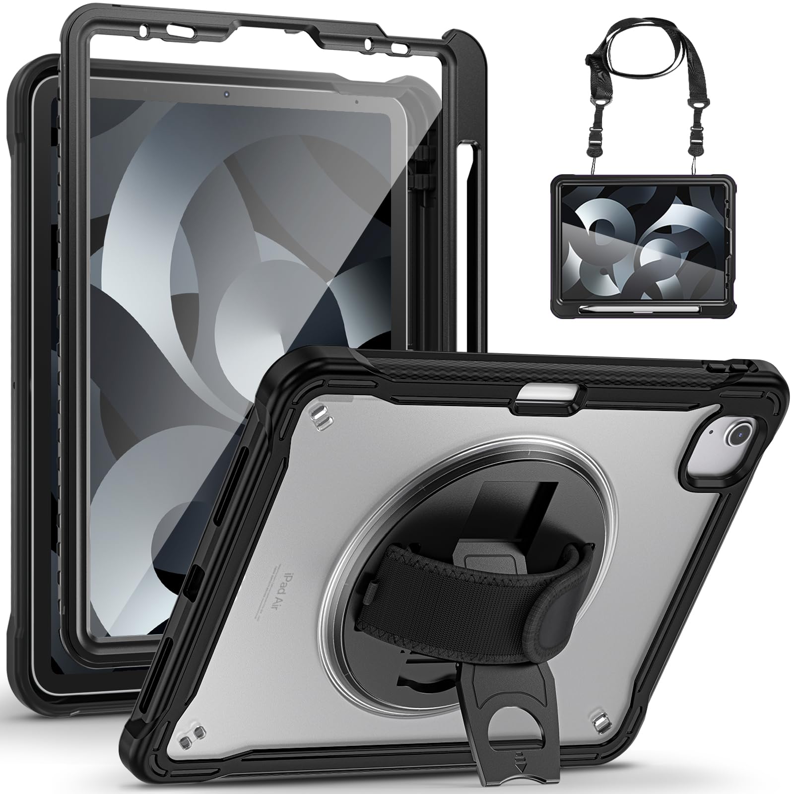 Gerutek Case for iPad Air 5/Air 4/Pro 11 Shockproof with Screen Protector, Full Body Drop iPad Cover Rugged with [Clear Back Shell][360° Stand/Hand & Shoulder Strap] for iPad Pro 11 inch Case,Black