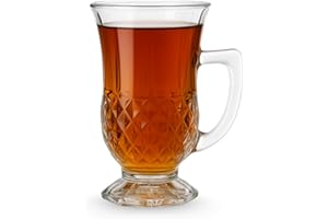 yersiz Footed Turkish Tea Glasses With Handle, Set of 6 Cups, Crystal Clear Tea and Latte Glasses, Slim Waist Design and Thic
