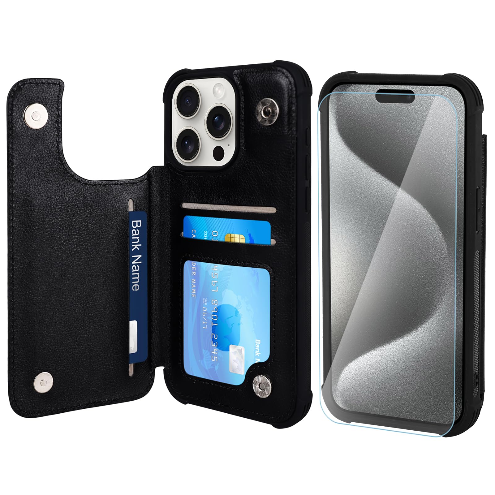 VANAVAGY Wallet Case Compatible for iPhone 15 Pro Max,Leather Flip Folio Shockproof Phone Cover Fit Magnetic Car Mount [Screen Protector Included] with Credit Card Holder, Black