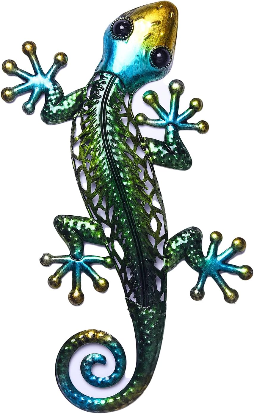 Plaques & Wall Art - POXOHO 14“ Metal Handmade Leaves Lizard Wall Hanging Decor Wall art Green Gecko Outdoor Sculpture Indoor Porch Decoration, Garden, Courtyard, Living Room Decor
