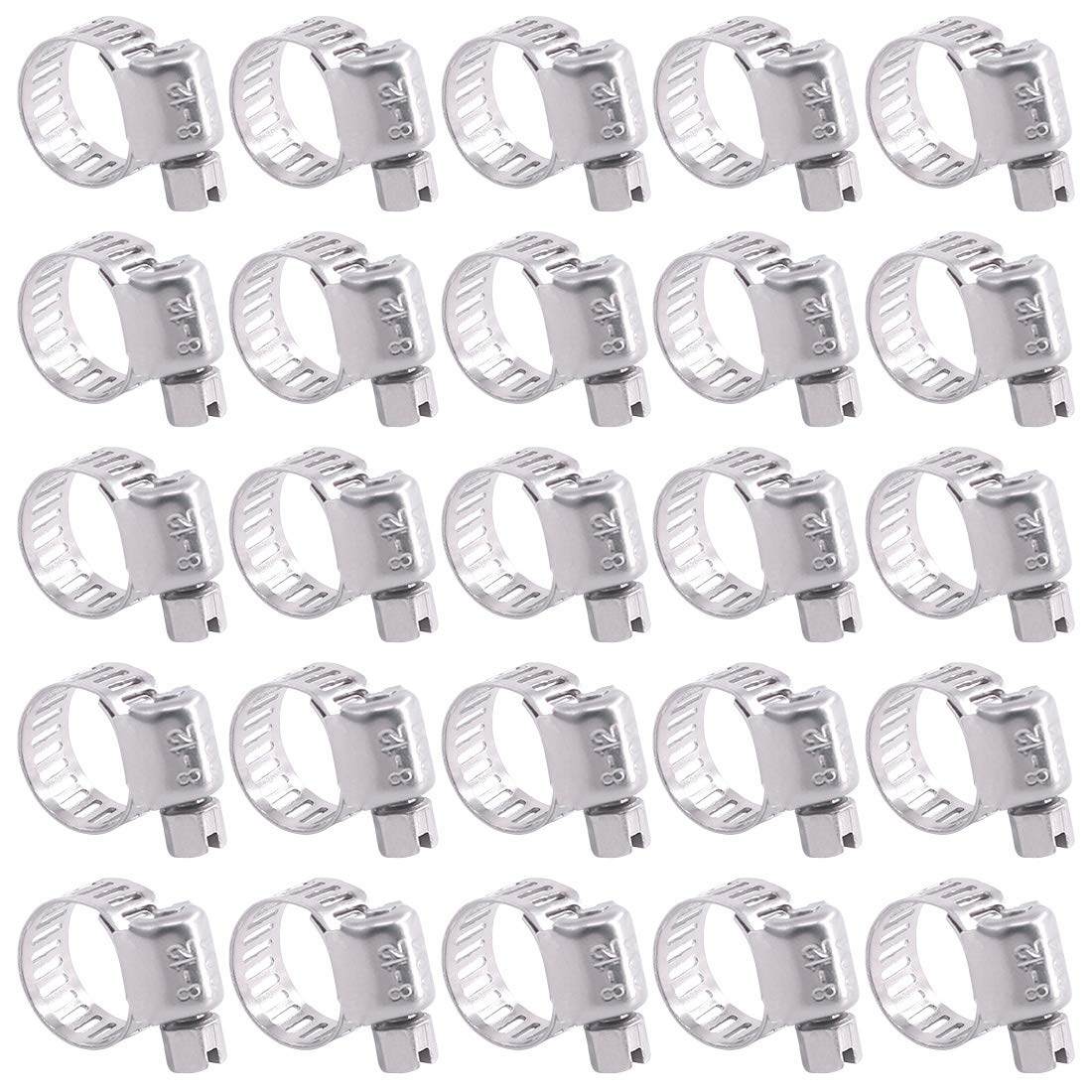 Swpeet 25Pcs 0.3-0.5inch (8-12mm) Hose Clamp 304 Stainless Steel Adjustable Range Worm Gear Hose Clamp Fuel Line Clamp Perfect for Plumbing, Automotive and Mechanical Applications
