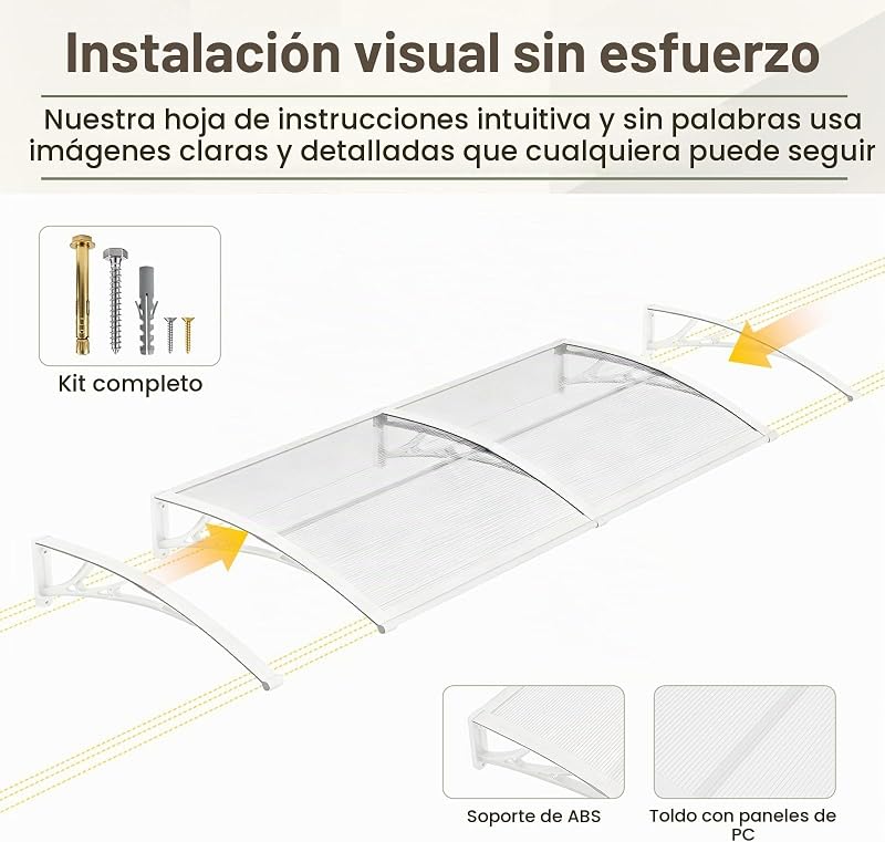 Toldo Exterior da Porta 100 x 300 cm - Toldo Exterior em Policarbonato com Suportes em ABS, Proteção contra Chuva, Neve e Raios UV para Portas, Janelas e Terraço