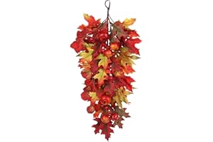 Briful 24in Fall Teardrop Swag with Maple Leaves Pomegranate Berries Artificial Autumn Hanging Wreath for Front Door Staircase Indoor Outdoor Thanksgiving Decor
