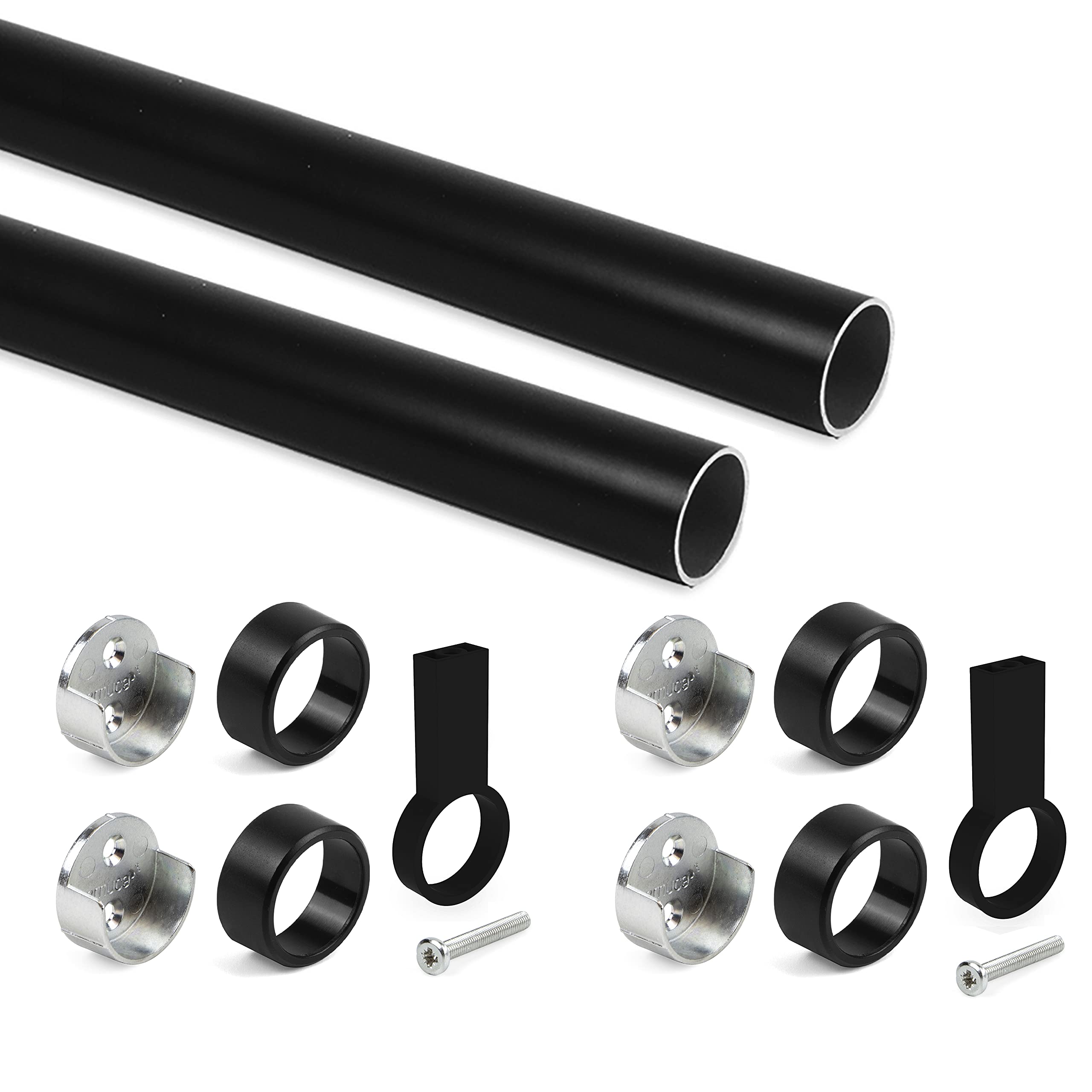 Emuca - Wardrobe hanging rail kit round Ø28 (1,1 inch), 1150mm (45,3 inch), Black painted, Aluminium and Zamak, Pack of 2
