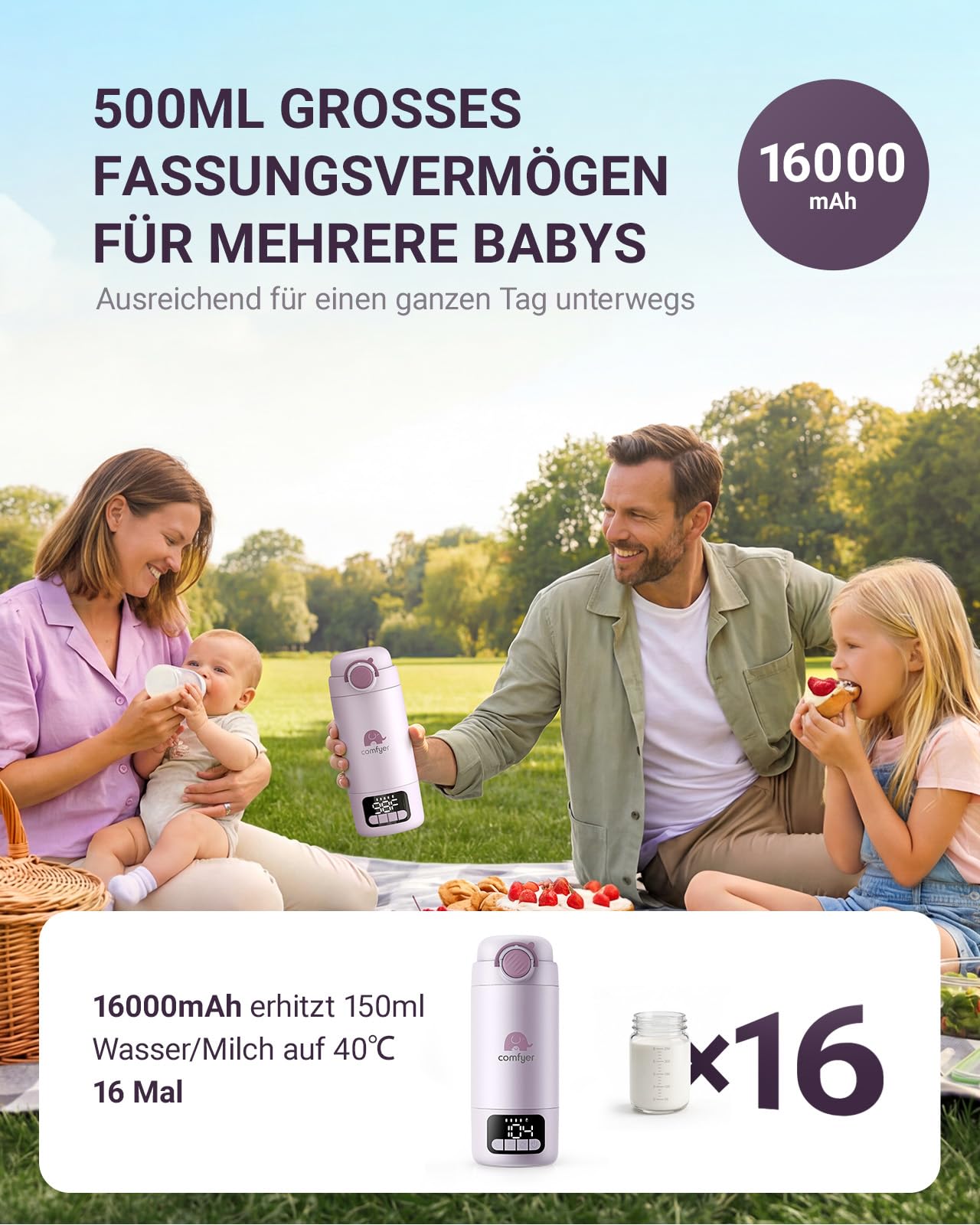 Comfyer BW02 Upgrade Tragbarer Flaschenwärmer unterwegs für Baby & Familie-Schnell Aufheizen mit 16000mAh Akku,Integrierter Sterilisator, Baby Milch-/Wasserwärmer für Unterwegs/Zuhause, 500ML 2