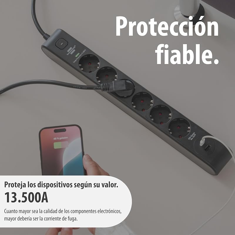 Regleta de enchufes Brennenstuhl de 6 tomas con USB y protección contra sobretensiones (regleta múltiple con 1x USB C PD 20 W para carga rápida y 1x USB A 20 W, interruptor, cable de 2 m) negro