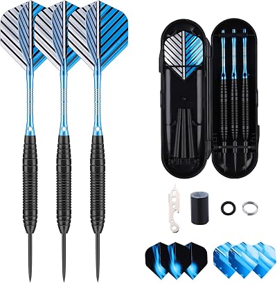 Sanfeng 3 Pack 22g Steel Tip Darts with Blue Aluminum Shafts 9 Flights Case
