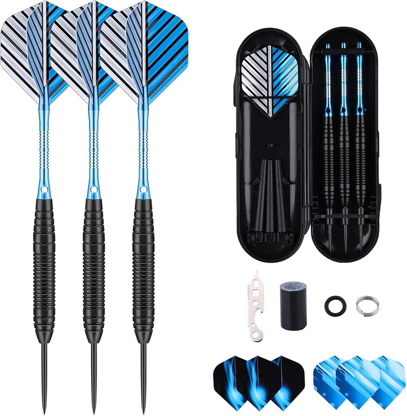Sanfeng 3 Pack 22g Steel Tip Darts with Blue Aluminum Shafts 9 Flights Case
