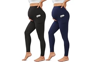 Women's 2 Pack Maternity Leggings with Pockets Over The Belly Maternity Yoga Pants Workout Pregnancy Leggings
