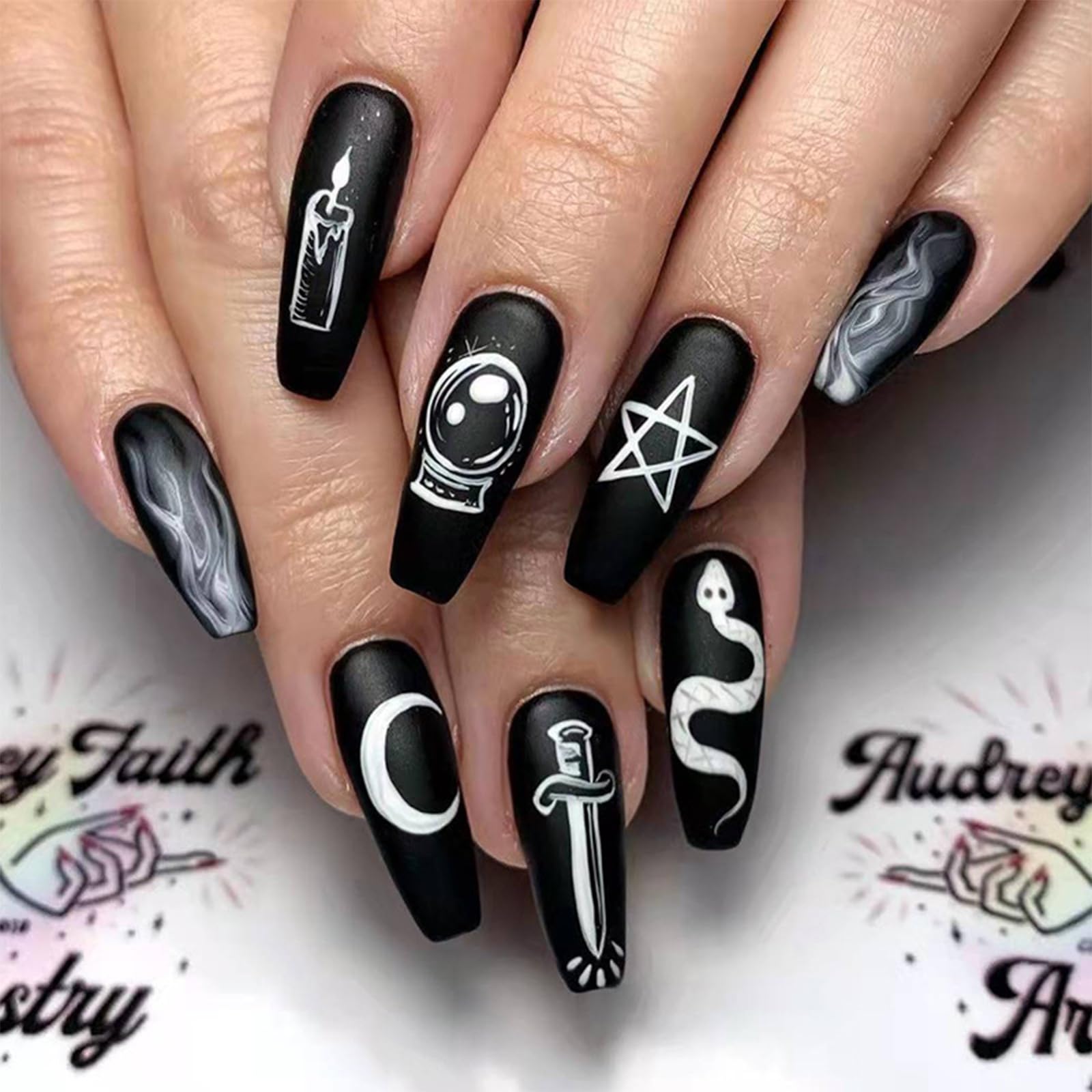 24PCS Halloween Press on Nails Long Black And White Graffiti False Nails French Square Fake Nails with Designs Glossy And Full Cover Acrylic Nails for Women and Girls