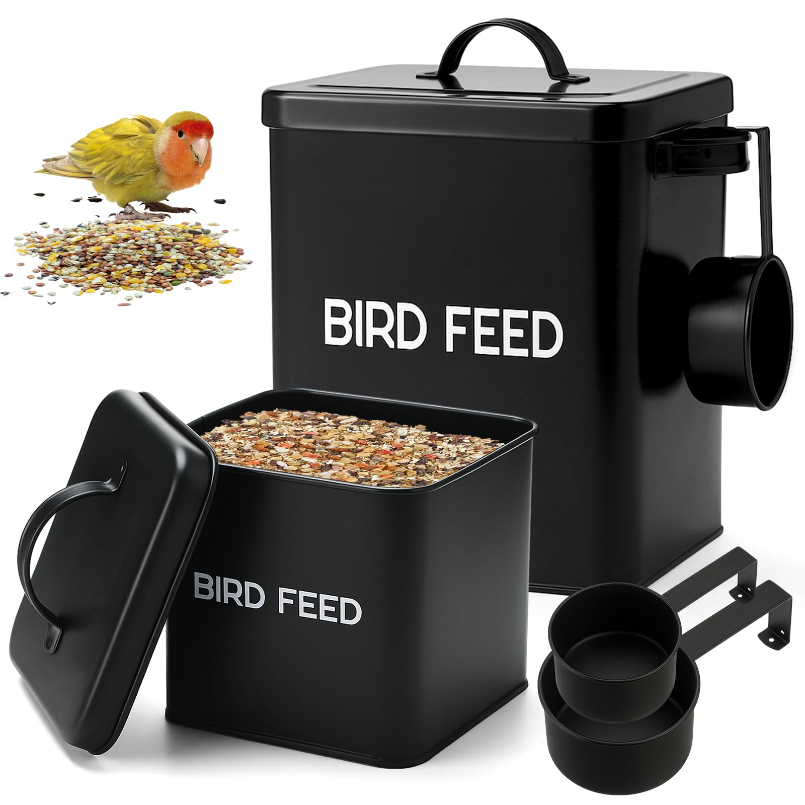 Photo 1 of Reallnaive 2 Pcs Metal Bird Seed Container with Scoop, Bird Feed Storage Container with Fitted Lid, Ideal Gift for Birds and Pet Owners (Black)
