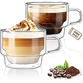 glastal 12 oz Latte Macchiato Glasses, Double-Walled Coffee Glasses, Set of 2, Glass Stackable Coffee Cups, Tea Glasses with Handle for Cappuccino, Tea, Milk, Gifts for Women Friends New Home Gift