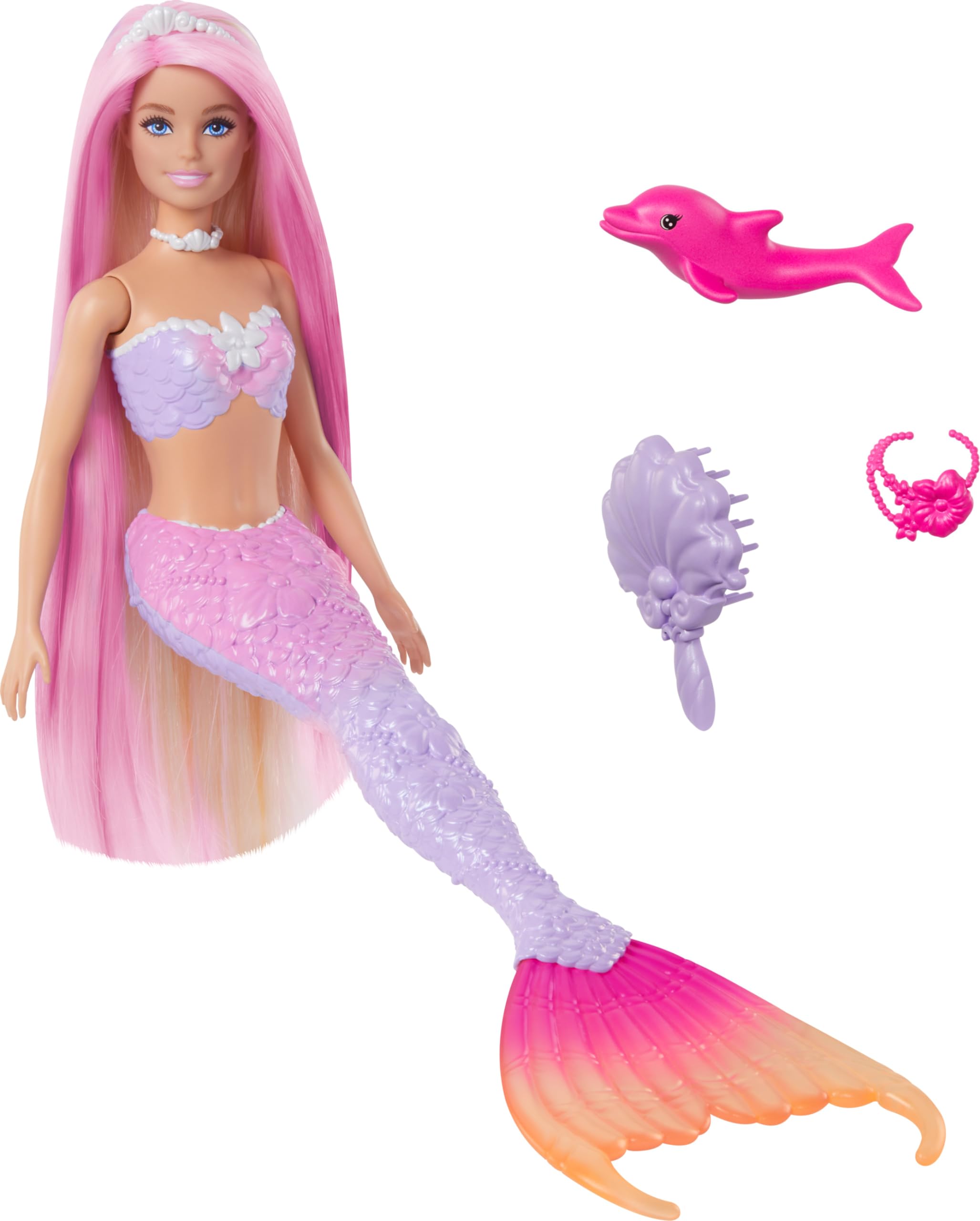 Barbie Mermaid Doll, “Malibu” with Pink Hair, Styling Accessories, Pet Dolphin and Water-Activated Color Change Feature (Amazon Exclusive)