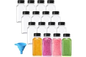 Qyyiguf 16Pcs Empty Juice Bottles with Caps,8oz Plastic Juice Bottles,Clear Bulk Drink Containers with Black Lids for Liquids,Ginger,Milk,Parties