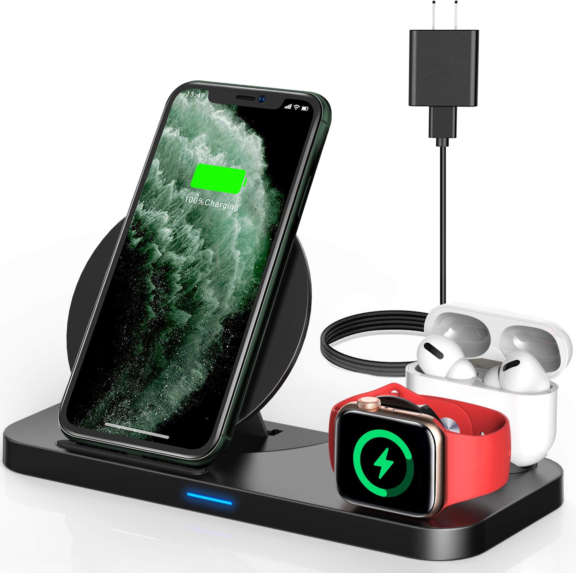 Powlaken 3 in 1 Wireless Charging Station for Apple Products Compatible with Apple Watch Series Se 6 5 4 3 2, AirPods Pro 2, Fast Wireless Charger Stand Dock for iPhone 12, 11 Pro Max, 11, XR, XS, X