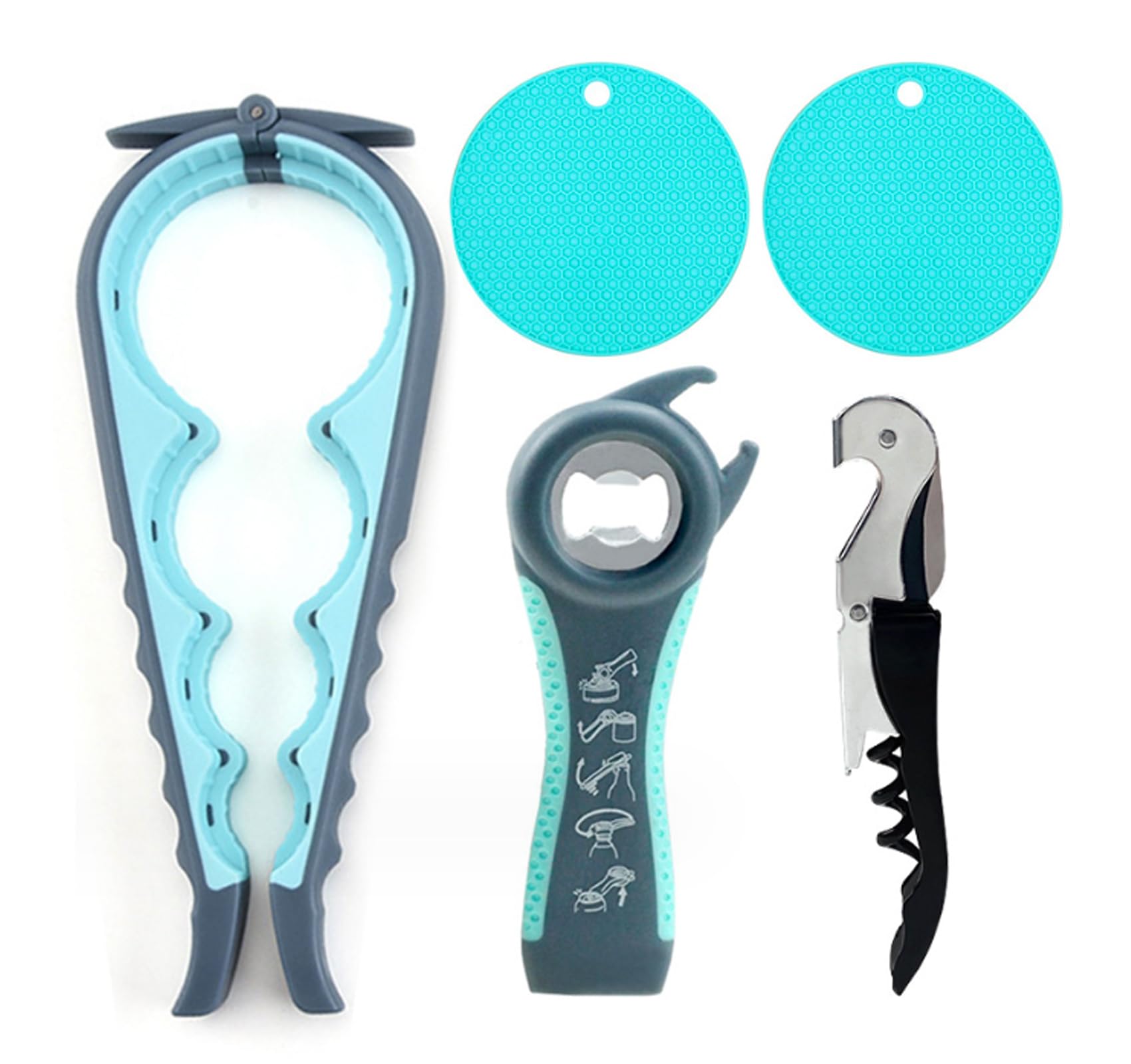 5PCS Multi-Purpose Can Opener Set, 5 in 1 Lid Opener, Beer Bottle Opener, Non Slip Rubber Jar Opener (Grey and Blue)