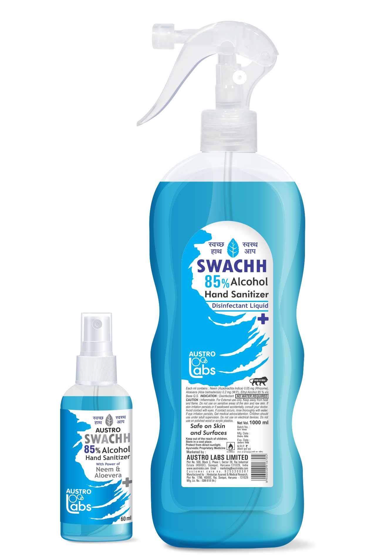 AUSTRO Ethyl Alcohol 85% Swachh Hand Sanitizer Spray Liquid 1 L + 60 ml (1060 ml)