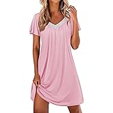 Ekouaer Womens Nightgown Lace Trim V Neck Sleep Shirt Flare Short Sleeve Night Gown Pleated Nightshirt Ladies Nightdress