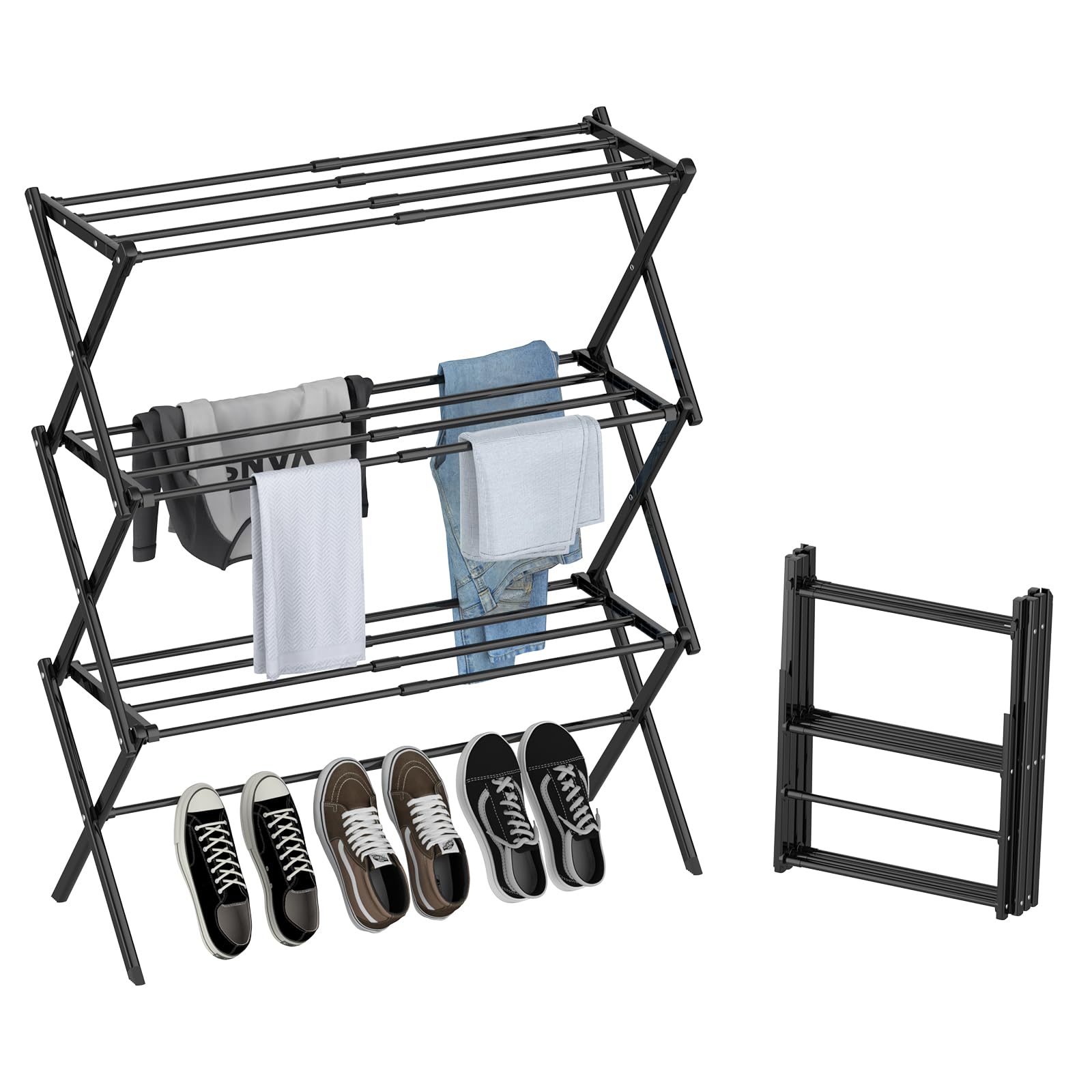 Photo 1 of STARLATTA Foldable Drying Rack Clothing, 3-Tier Clothes Drying Rack Use for Indoor & Outdoor Antirust Laundry Drying Rack Collapsible Black 28" L x 35" H x 10" W