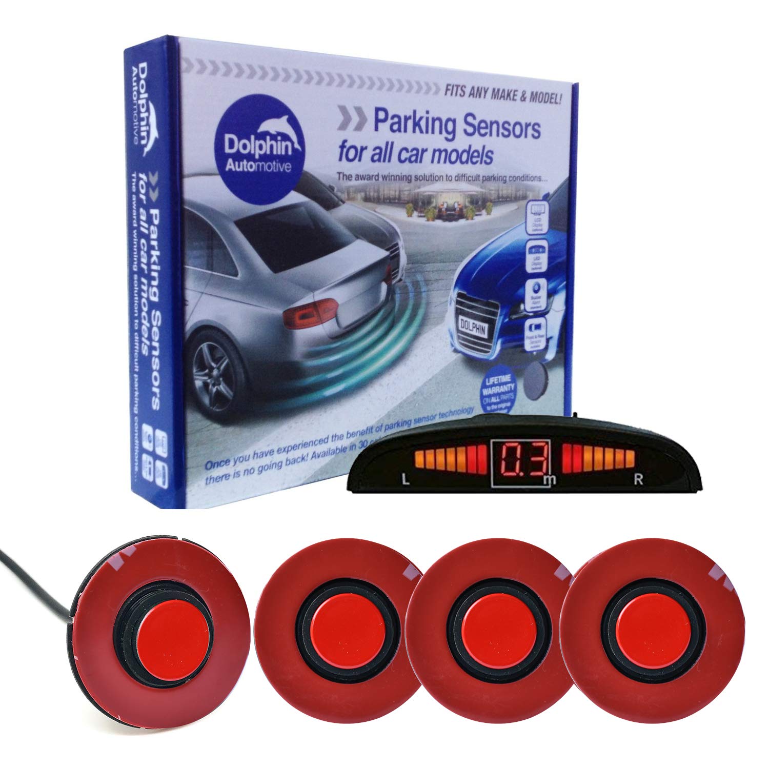 Dolphin Automotive DFM450 Reverse Parking Sensors Flush Mount OEM Style 4 Ultrasonic Radar Sensor Kit Dash Display and Audio Alert System - Red