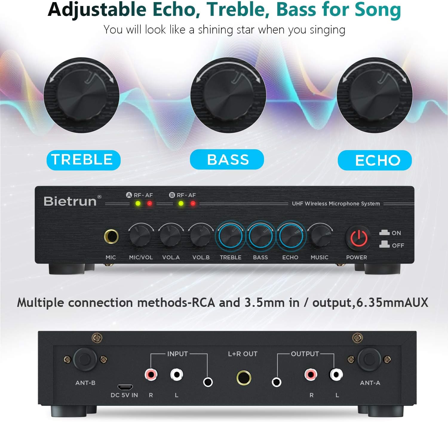 Wireless Microphone, with Echo Treble, Bass, 160ft Range, UHF Metal Dual Handheld Wireless Dynamic Microphone System with Bluetooth, RCA＆1/4’’Output, for Singing, Church, Karaoke, DJ, Wedding, Speaker: Home Audio & Theater