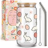Niyorayna Easter Glasses Drinking Gifts - Women Easter Basket Stuffers for Teens Girls,Bunny Cups with Lid and Straws for Kids,Hot Tea,Lemonade,Juice,Ice Coffee 16oz Glass Tumbler for Adults -152