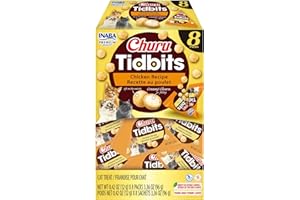 INABA Churu Tidbits for Cats, Soft & Chewy Churu Filled, Baked Chicken Cat Treats with Taurine & Green Tea Extract, 0.42oz per Pack, 8 Packs Total, Chicken Recipe
