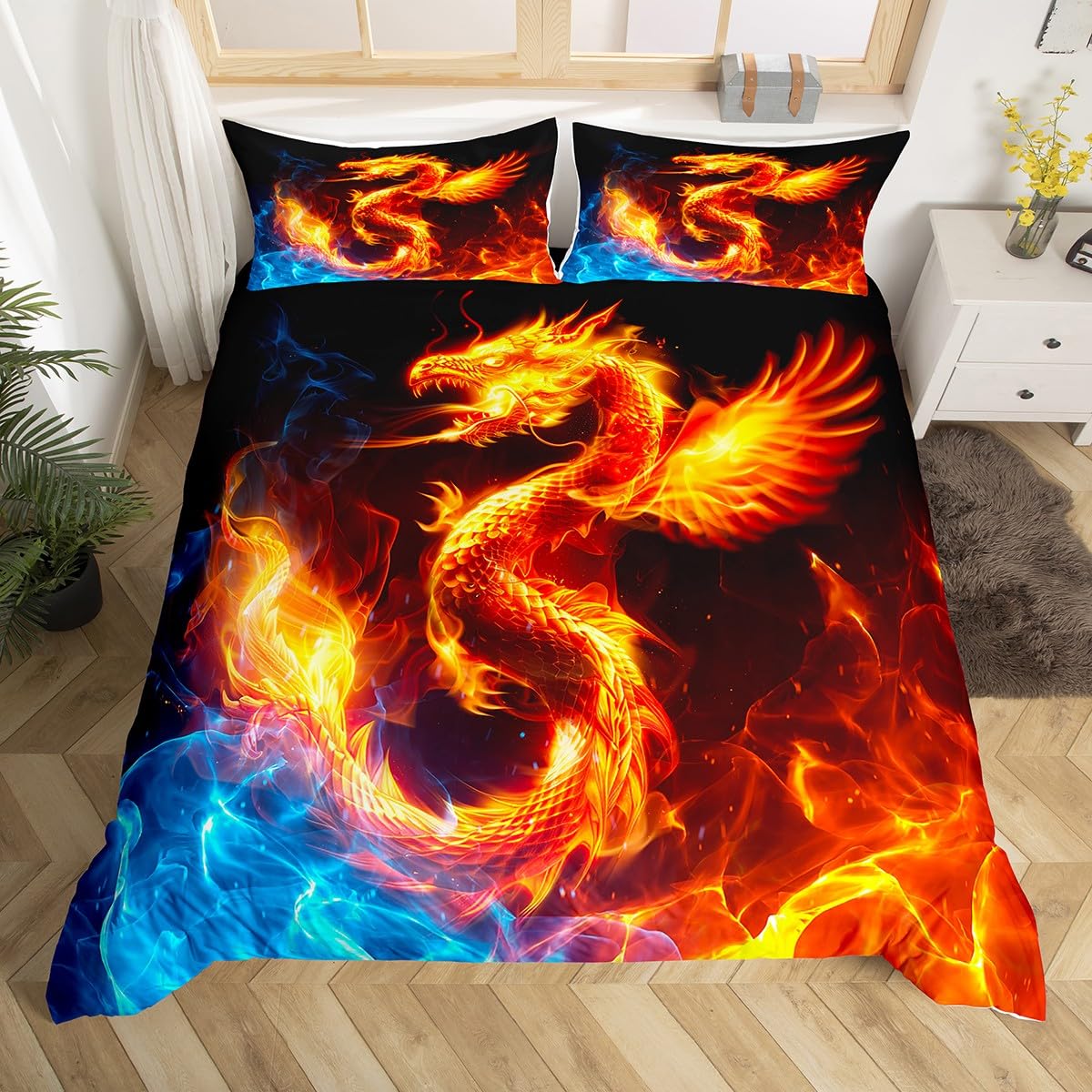 Loussiesd Kids Dragon Duvet Cover Single Size Ice Fire Dragon Bedding Set Wild Animal Comforter Cover Set Couple Wildlife Bedspread Cover Yellow and Blue Quilt Set with 1 Pillow Case 2PCS — image 1