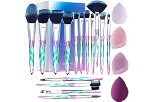 XMOSNZ Makeup Brushes 15pcs Premium Synthetic Bristles Crystal Handle Set Eyeshadow Brush Face Lip Eye Make Up Brush Sets Professional with 4 Makeup Sponges (Gift Box, Lake Blue)