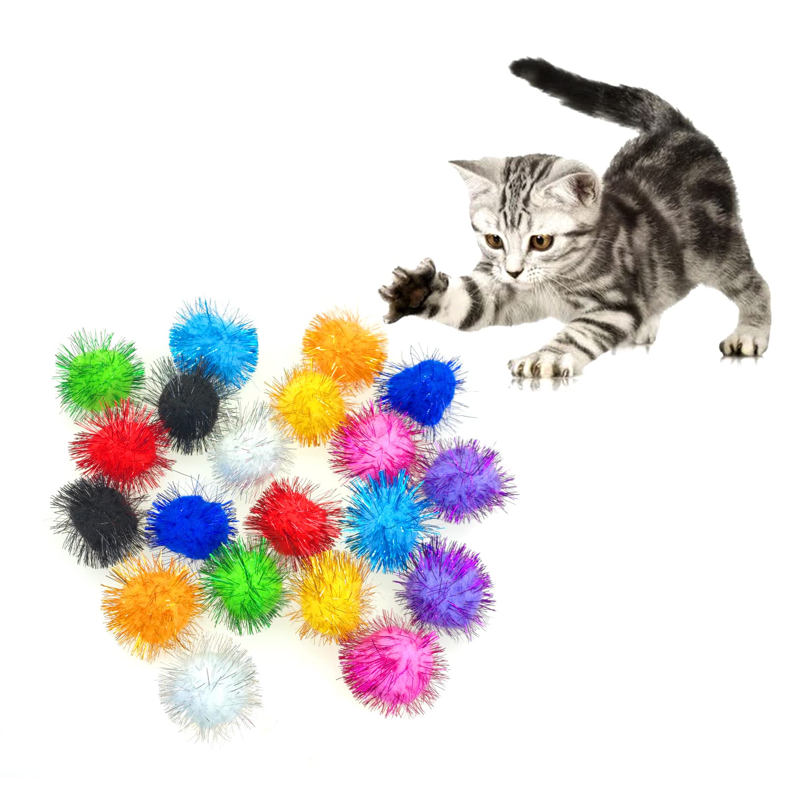 Andiker 20 Pack Cat Fuzzy Balls, 4.5CM Assorted Colored Glitter Pom Poms Cat Ball Tinsel Balls, Interactive Cats Toys for Cats Random Color (20pcs)