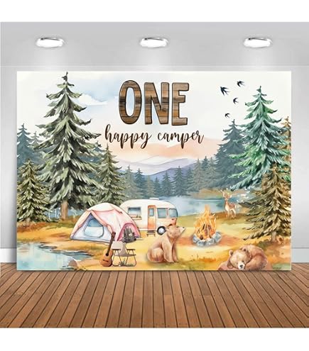 Camping Geburtstag Hintergrund "Happy Camper" - Vinyl, 2,1 X 1,52 M, Für Fotohintergrund, Partydeko & Tischbanner