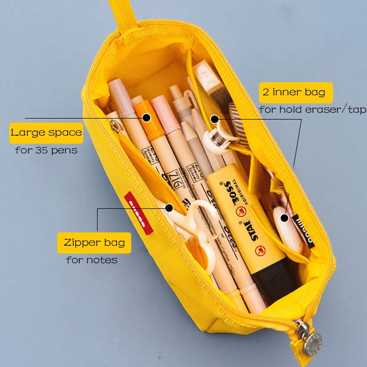 iSuperb Large Pencil Case Boys Pencil Bag Pouch Holder for Girls Portable Office Aesthetic Stationery Makeup Bag for Secondary School Teen Men Women Personalized Pen Bag(Yellow) - Image 4