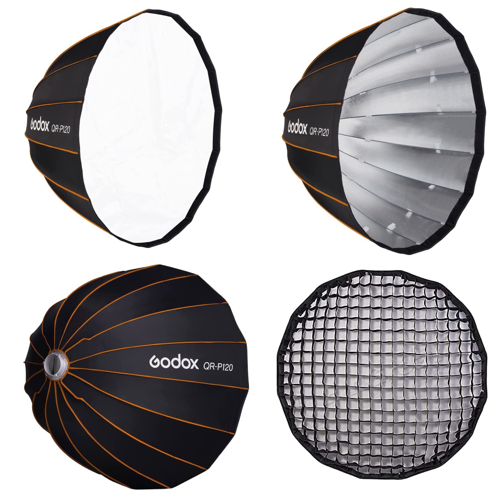 GODOX QR-P120 47.1 Inch/120CM Parabolic Softbox Bowens Mount, Quick Release Parabolic Softbox, with Front & Inner Diffuser SL-60W AD600BM VL150 UL150 SL150II Amaran 100X 200D 200X w/Grid